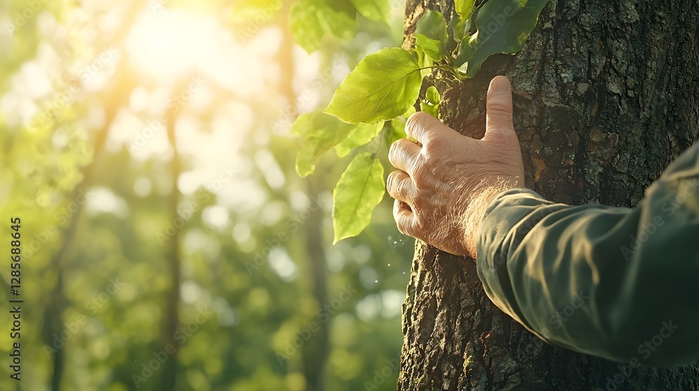Poster photograph of a towering ancient tree with human hands gently wrapped around its massive trunk symbo