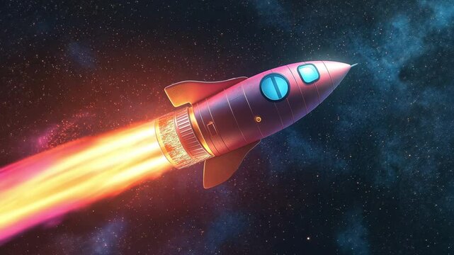 Against a backdrop of stars, a bright pink rocket with a blue window travels into space, leaving behind it colourful streams of light.