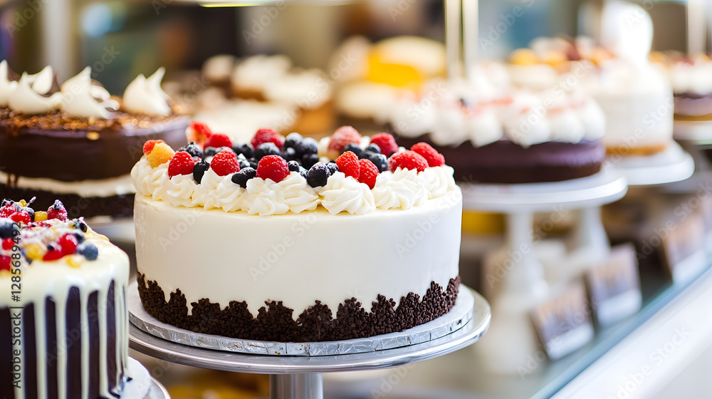 Poster exquisite bakery display featuring assorted cakes with fresh cream and berries tempting delights : g