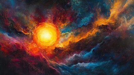 Fototapeta premium Cosmic explosion of colors with swirling gas clouds and a radiant supernova illuminating the dark universe