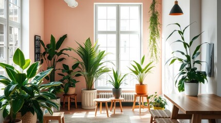 Interior view filled with various potted plants and a table in a sunlit room creating a green oasis.