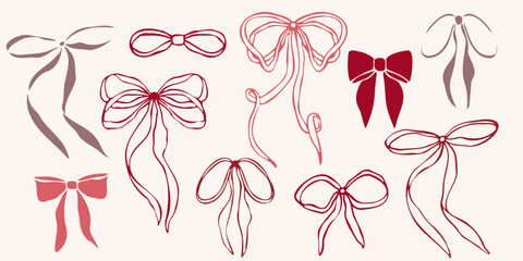 Hand drawn vector bows set with various shapes and ribbon styles. Minimalist red linear trendy sketch style illustration for fashion design, packaging, digital prints, invitation, scrapbooking, logo