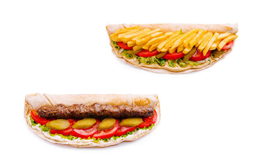 Delicious wrap with grilled meat, fresh vegetables, and fries