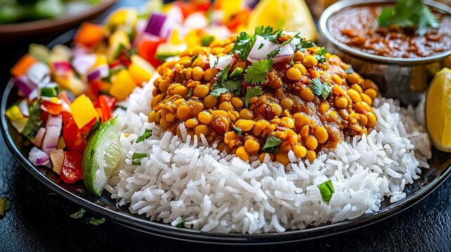 Savory dal bhat with vibrant yellow lentils indian cuisine close-up plate colorful vegetables culinary art