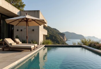 Fototapeta premium Escape to serenity with this high-resolution architectural photograph featuring a pool on a cliff's edge, complemented by a vintage Italian umbrella, a wrought iron daybed, and a brutalist concrete ho