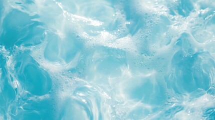Obraz premium Transparent blue clear water surface texture with ripples, splashes and bubbles. Abstract summer banner background Water waves in sunlight with copy space Cosmetic moisturizer micellar toner emulsion