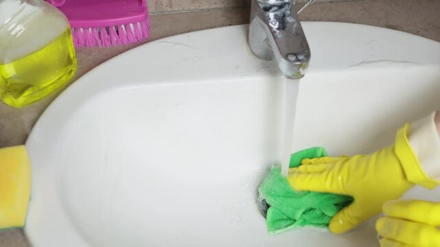 Woman in yellow gloves cleaning bathroom faucet and sink with chemical, washing rag. Cleanliness and cleaning. Taking care of the house and order. Lifestyle. 