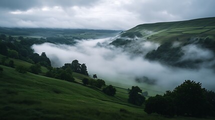 Misty Valley Landscape with Rolling Green Hills and Low Clouds