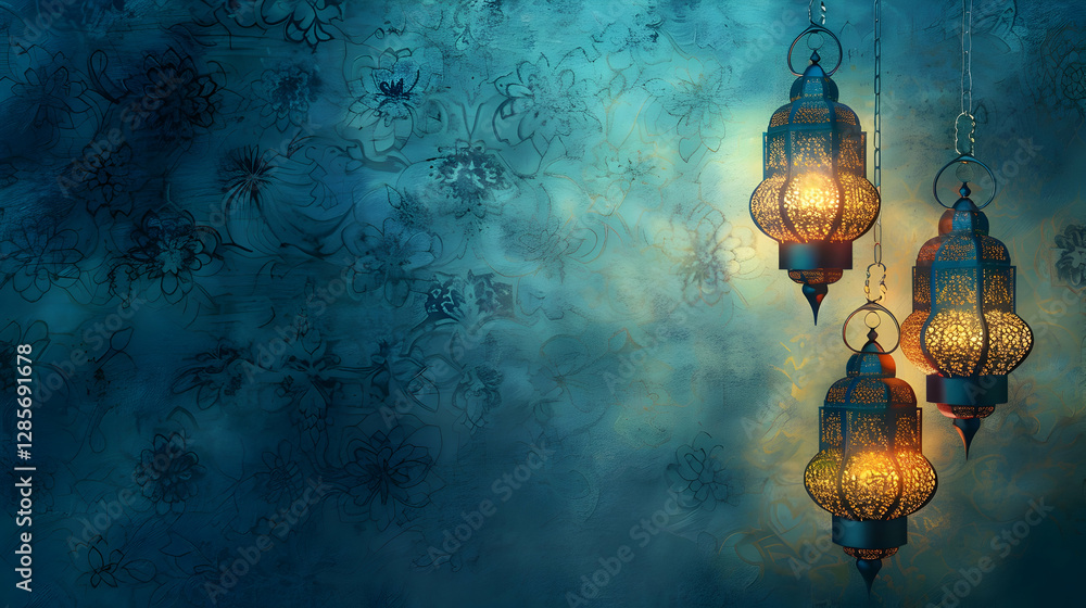 Poster elegant lanterns illuminating a serene blue background with floral patterns, creating a tranquil atm