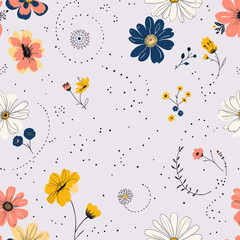 a variety of flowers in shades of pink, orange, yellow, blue, and white, with some dotted and some outlined, creating a whimsical and playful design.
