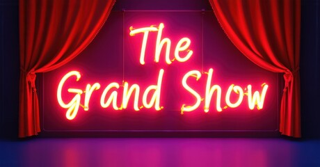 Neon sign with red drapes and glowing spotlight, creating a bright and colorful display with vibrant neon lights and a realistic, theatrical atmosphere