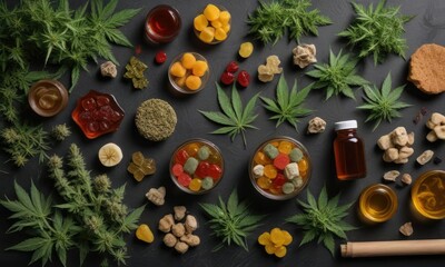 flat lay of cannabis products including buds, gummies, and other herbal remedies, gummy, bud, natural