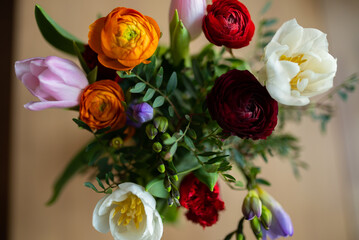 flowers close-up. Decoration of roses, flowers and ornamental plants, close-up, selective focus, nobody, objects. luxury artificial bouquet of colorful flowers for banner.