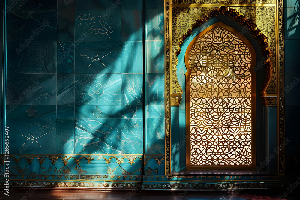 Poster intricate architectural design featuring a golden lattice window casting shadows in a vibrant interi