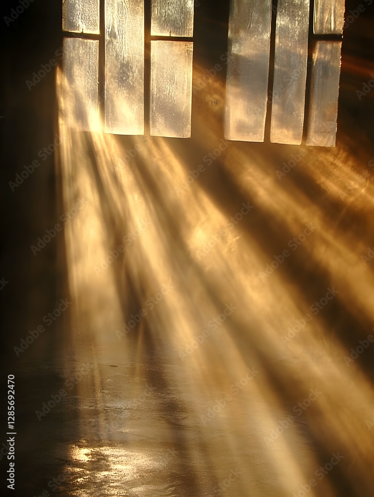 Fototapete ethereal beams of sunlight streaming through a rustic window : generative ai