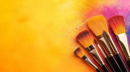 A group of makeup brushes sitting on top of a yellow surface