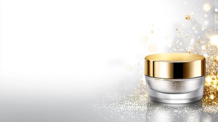A jar of cream with a gold lid on a white background