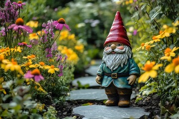 A Garden Gnome is Standing Amongst Colorful Flowers On A Path