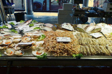 A vibrant Venice fish market display showcasing fresh seafood: fish, scallops, shrimp, and more,...