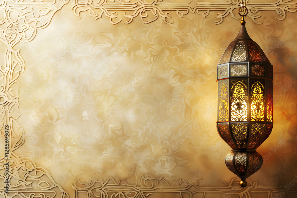 Poster ornate lantern casting warm light against a textured golden background with intricate patterns