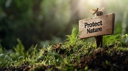 Wooden signpost in a lush forest setting with the words  Protect Nature  written on it inspiring environmental conservation and sustainable practices