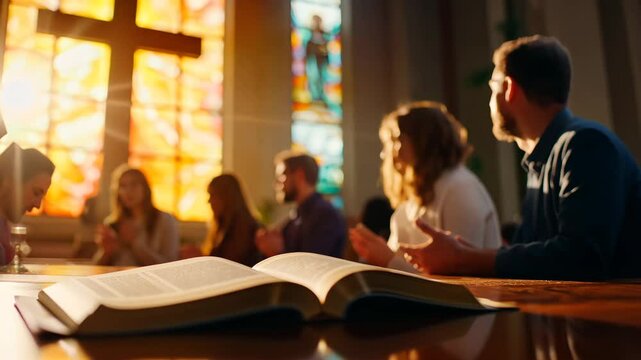 A Serene Church Interior with Group Prayer and Shared Faith