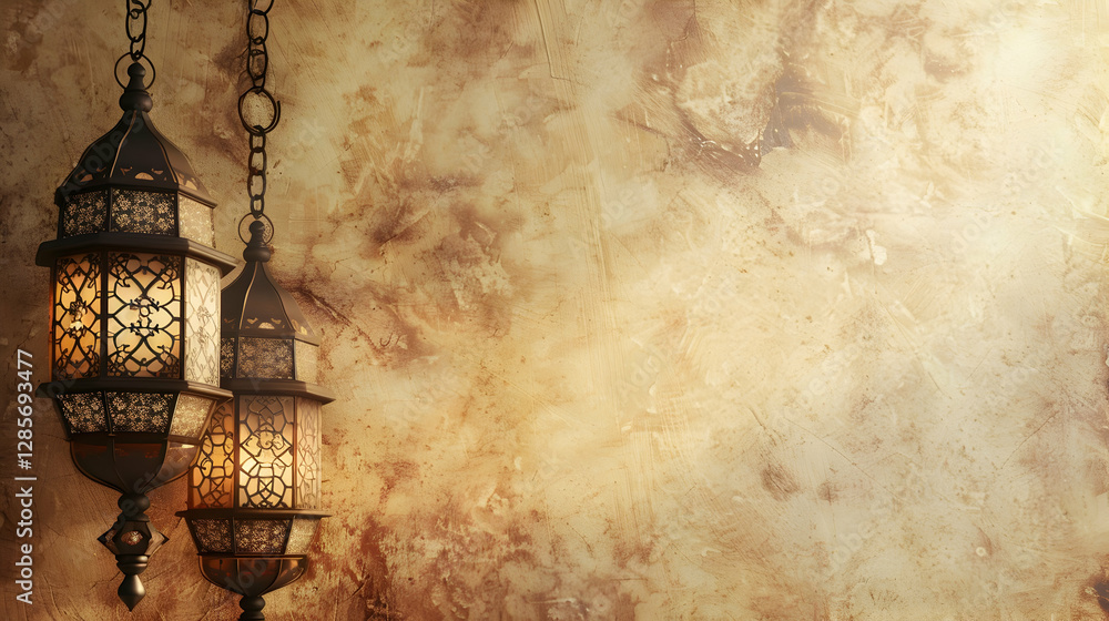Poster elegant hanging lanterns illuminating a textured wall, creating a warm and inviting atmosphere
