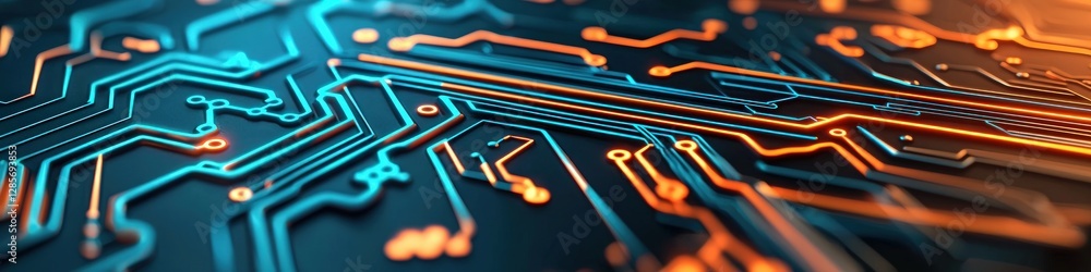 Poster Abstract Close up of Circuit Board Technology Digital Network Pattern Orange Blue Lines
