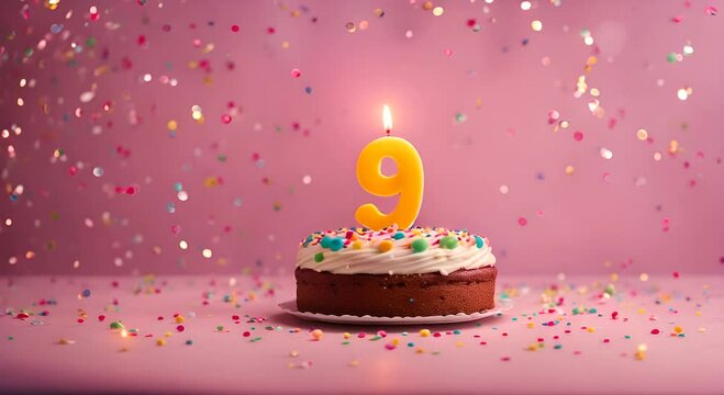 9th birthday celebration cake, with candles in the shape of the number 9