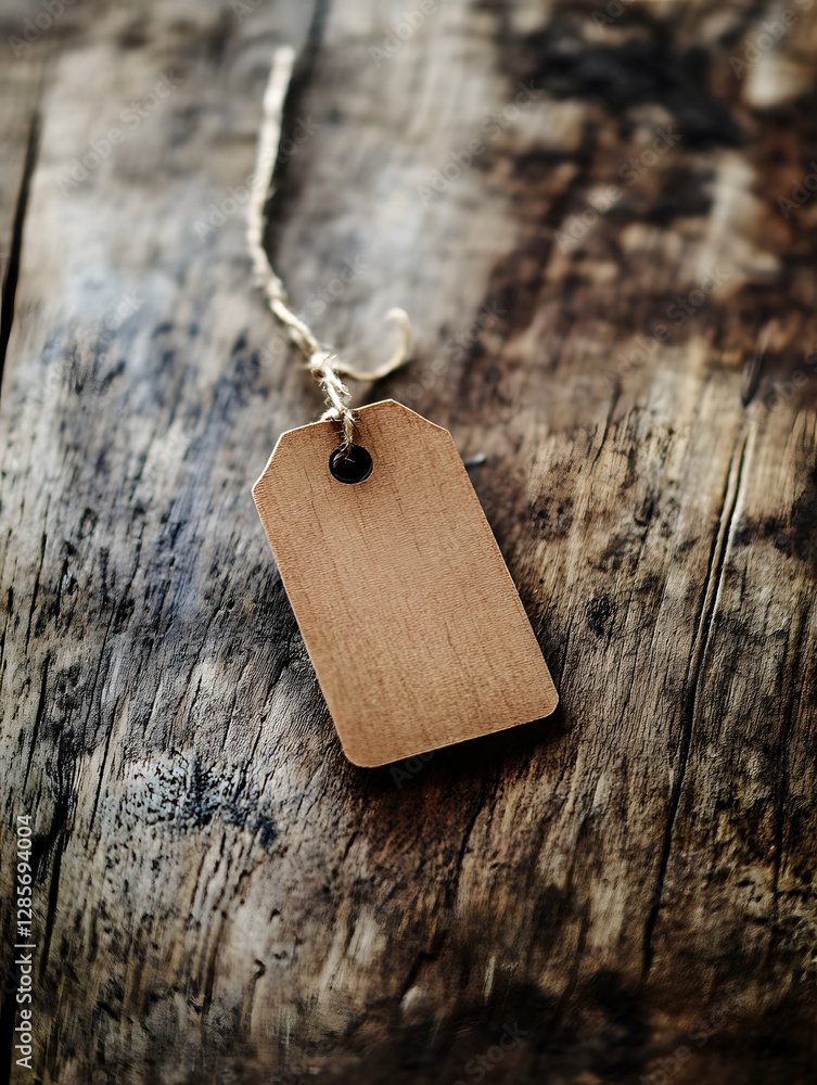 Poster rustic wood texture with blank brown paper tag and string on top perfect for diy crafts and gift pac