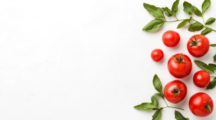 A bunch of cherry tomatoes with green leaves on a white surface