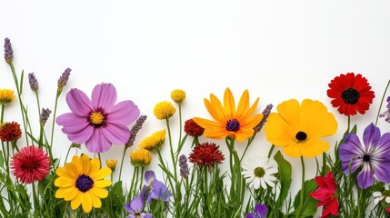 Obraz premium Colorful Wildflowers Against a Soft White Background in Spring