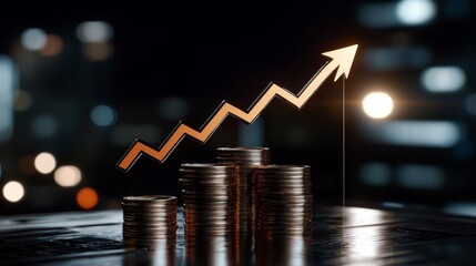 A stack of coins with an upward arrow going up on top of them