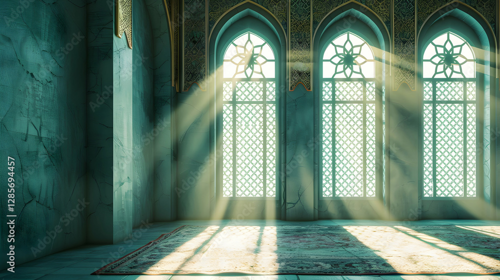 Poster sunlight streaming through ornate windows in a serene, empty room with a patterned rug