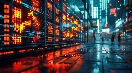 Digital stock data on a city street. Financial pulse in urban setting.Cyberpunk street with glowing data screen. Tech meets city life.
