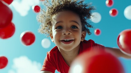 Naklejka premium A little boy with curly hair playing with red and white balloons