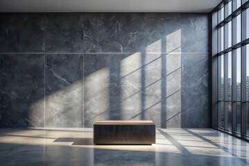 Modern Minimalist Interior Design Featuring a Low Platform Against a Textured Wall and Large Window