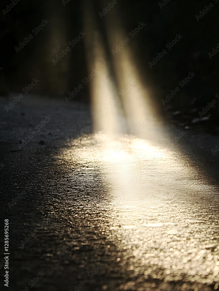 Poster Sun Beam Streaming on Mystic Dark Pathway with Reflection in Tranquil and Contemplative Atmosphere : Generative AI