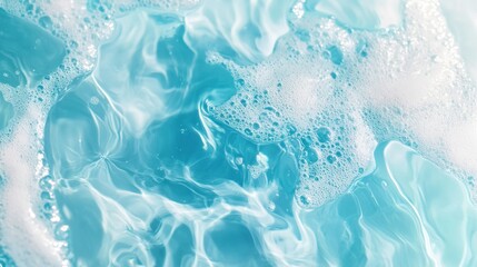 Obraz premium Transparent blue clear water surface texture with ripples, splashes and bubbles. Abstract summer banner background Water waves in sunlight with copy space Cosmetic moisturizer micellar toner emulsion