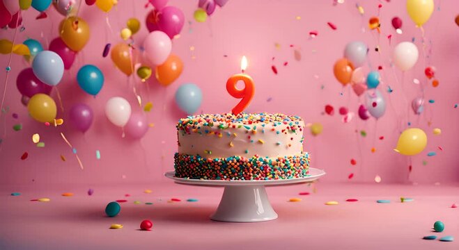 9th birthday celebration cake, with candles in the shape of the number 9