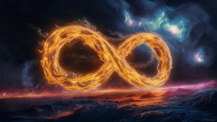 Digital 3D infinity sign made of burning plasma on colorful night sky background showing boundless universe - Generative AI