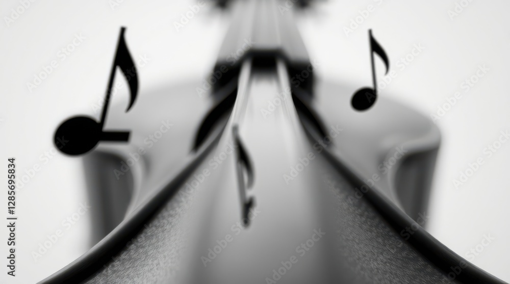 Poster musical instrument with floating notes symbolizes harmony and elegance, creating an artistic and cap