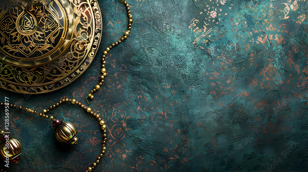 Poster ornate decorative elements with intricate patterns on a textured teal background, showcasing eleganc