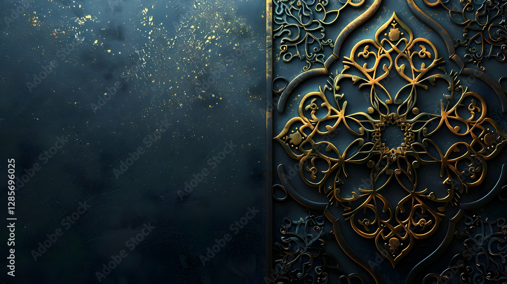 Poster ornate metallic design with intricate patterns and a shimmering background of gold specks