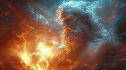 The majestic Roman god Jupiter, holding a lightning bolt amidst stormy clouds, prepares to unleash his power