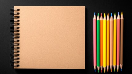 A notebook and colored pencils on a black surface