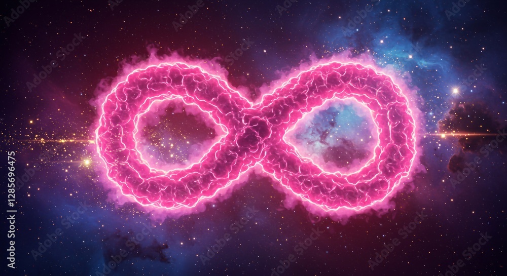 Wall mural digital 3d infinity sign made of burning plasma on colorful night sky background showing boundless u