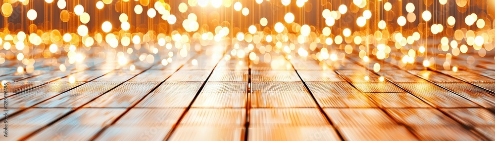 Poster sparkling bokeh lights reflecting on wooden floor surface