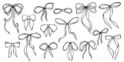 Hand drawn vector bows set with various shapes and ribbon styles. Minimalist black linear trendy sketch style illustration for fashion design, packaging, digital prints, invitation, scrapbooking, logo