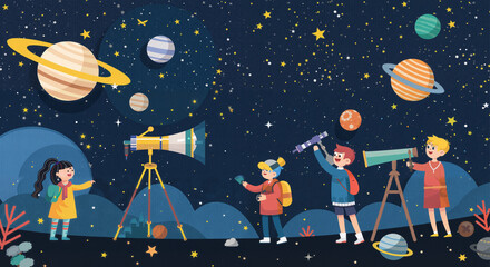 Naklejka premium Kids Exploring the Cosmos A Night of Stargazing and Planetary Wonders